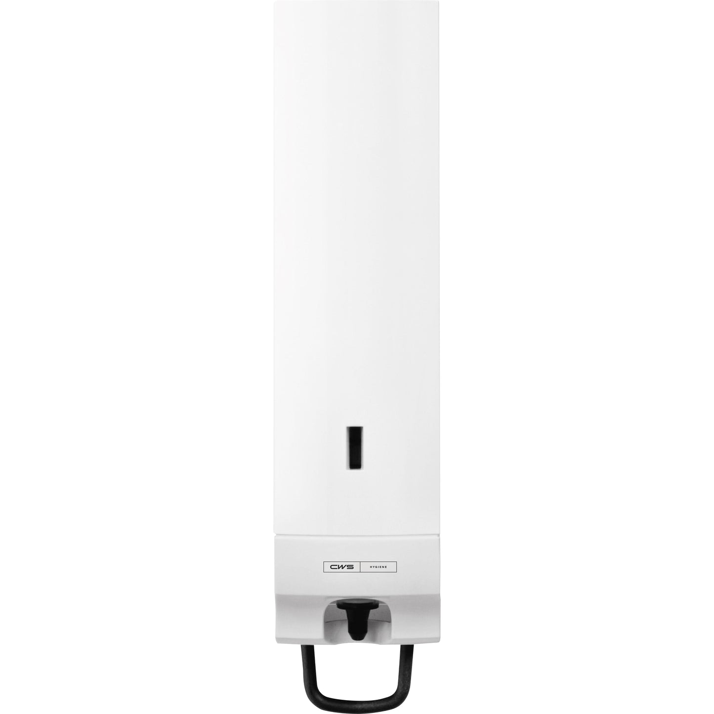 Den CWS ParadiseLine sæbeskumdispenser Foam Slim inklusive panel i hvid er en vægmonteret dispenser med vindue og sort greb. Perfekt til hygiejnisk håndvask, med mærkelogoet "CWS" på fronten.