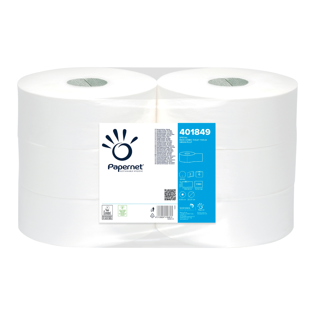 Papernet Maxi, 2 lg papirmasse, 360m, Ø rulle 26,20cm, 1180 ark. SPECIAL Hvid ØKO | Karton (1 pakke)