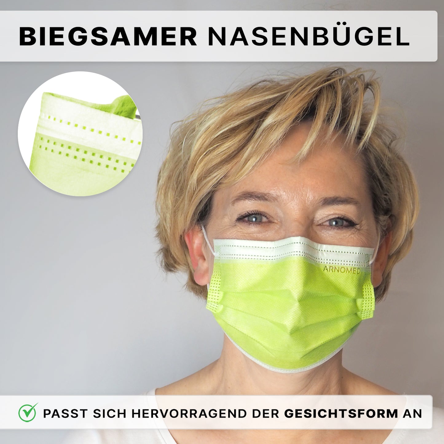 Eine Frau mit kurzen blonden Haaren trägt einen ARNOMED MUNDSCHUTZ TYP IIR OP-Mundschutz mit Gummibändern Typ IIR der ARNOWA GmbH in hellgrün, mit flexibler Nasenklammer. Eine Nahaufnahme des Nasenbereichs befindet sich oben links, mit deutschem Text darüber und darunter.