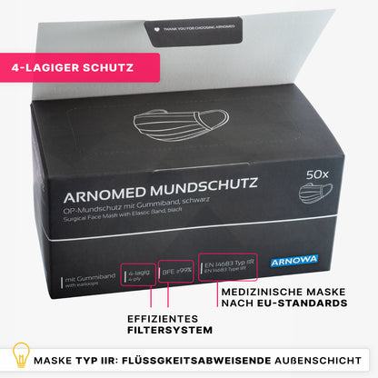 Abgebildet ist eine Schachtel ARNOMED MUNDSCHUTZ TYP IIR OP-Mundschutz mit Gummibändern der ARNOWA GmbH, die sich durch 4-lagigen Schutz, effiziente Filtration, Einhaltung der EU-Norm Typ IIR und eine flüssigkeitsresistente Außenschicht auszeichnet.