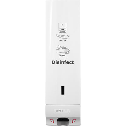 CWS ParadiseLine desinfektionsmiddel dispenser Disinfect Non touch, med panel hvid, er en hvid, vægmonteret Non-Touch-desinfektionsmiddel dispenser fra CWS med "Disinfect"-klistermærke og illustreret vejledning til en pumpe og 30 sekunders hånddesinfektion.