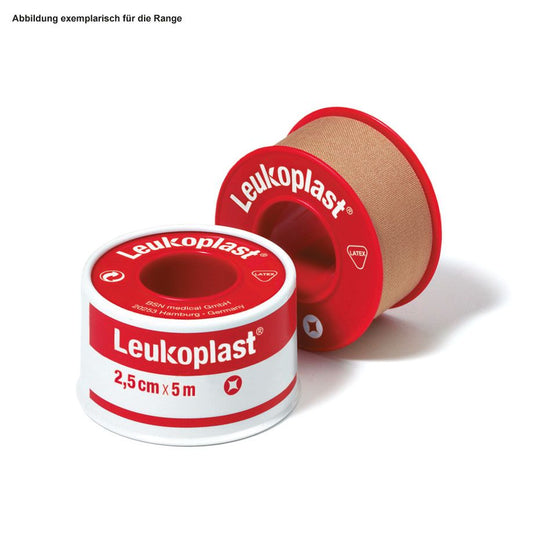 Leukoplast rulleplaster 5m x 2,5cm rød i en beskyttende ring til sår | Pakke (12 ruller)