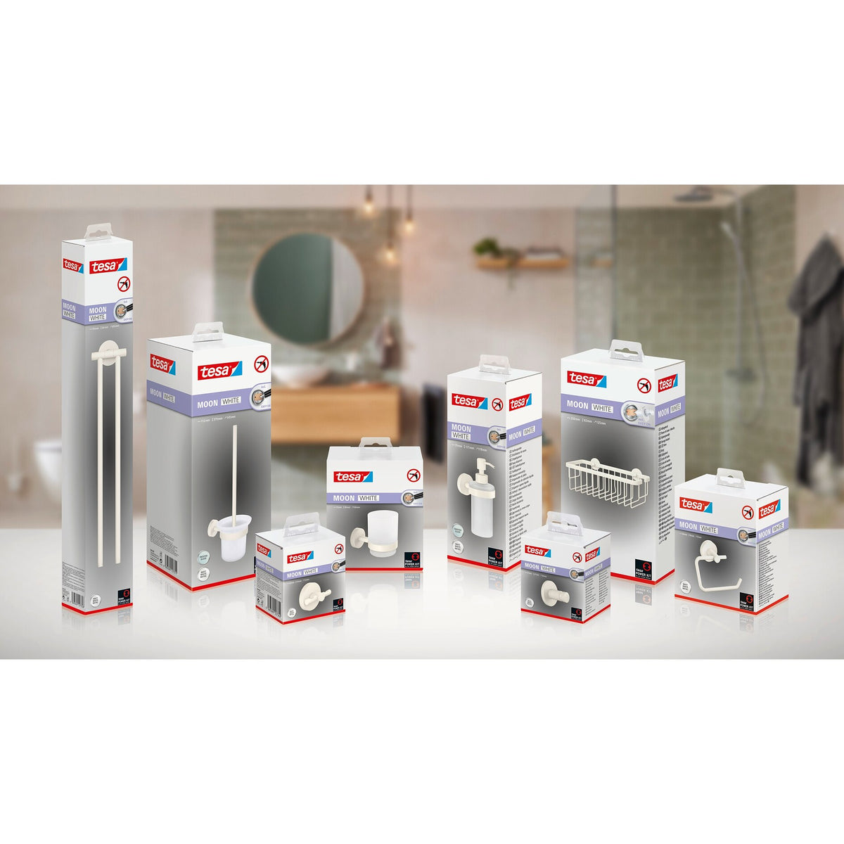 tesa MOON WHITE Bademantelhaken, weiß matt, inkl. Klebelösung – Sortiment