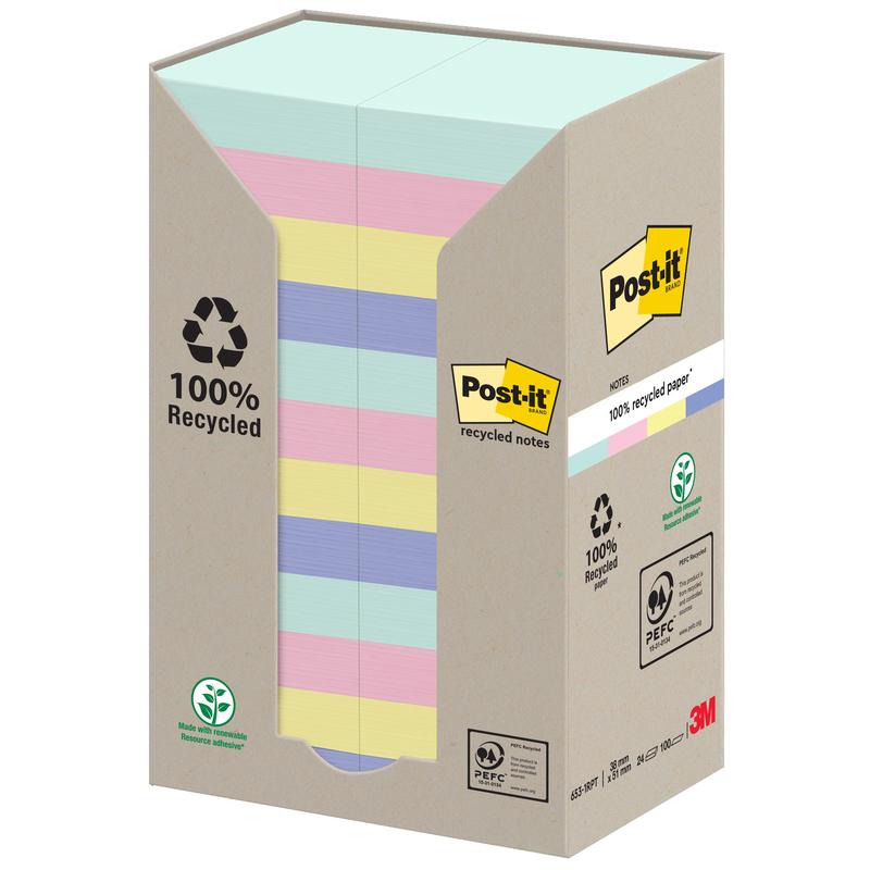 En kasse Post-it® genbrugssedler fra 3M Deutschland GmbH, 38 x 51 mm, 100 ark pr. blok, fremstillet af 100% PEFC-certificeret materiale. Emballagen viser pastelfarvede sedler og genbrugssymboler.