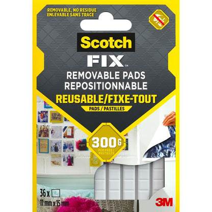 En pakke med 36 Scotch-FIX™ Aftagelige Klæbepuder 301008C36-P fra 3M Deutschland GmbH, genanvendelig og stærk, hver pude er 11 mm x 15 mm stor, holder op til 300g. Emballagen viser eksempler på brug.