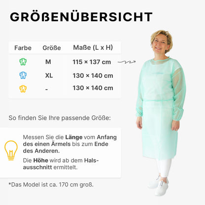 En kvinde i en lysegrøn ARNOMED PROTECT PP-BESKYTTELSESKITTEL engangs beskyttelseskittel af PP-fleece fra ARNOWA GmbH står ved siden af en størrelsestabel med kittelfarver, størrelserne M, XL, -, deres cm-mål og en vejledning til måling af længde og størrelse.