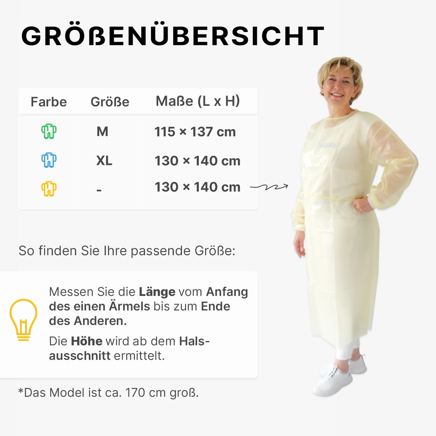 Eine Frau in einem ARNOMED Virendichter Einweg Schutzkittel, Gelb (ARNOWA GmbH) lächelt neben einer deutschen Größentabelle, auf der die Farben, Größen und Abmessungen des Kittels angegeben sind, mit Messanweisungen für Länge und Höhe darunter.