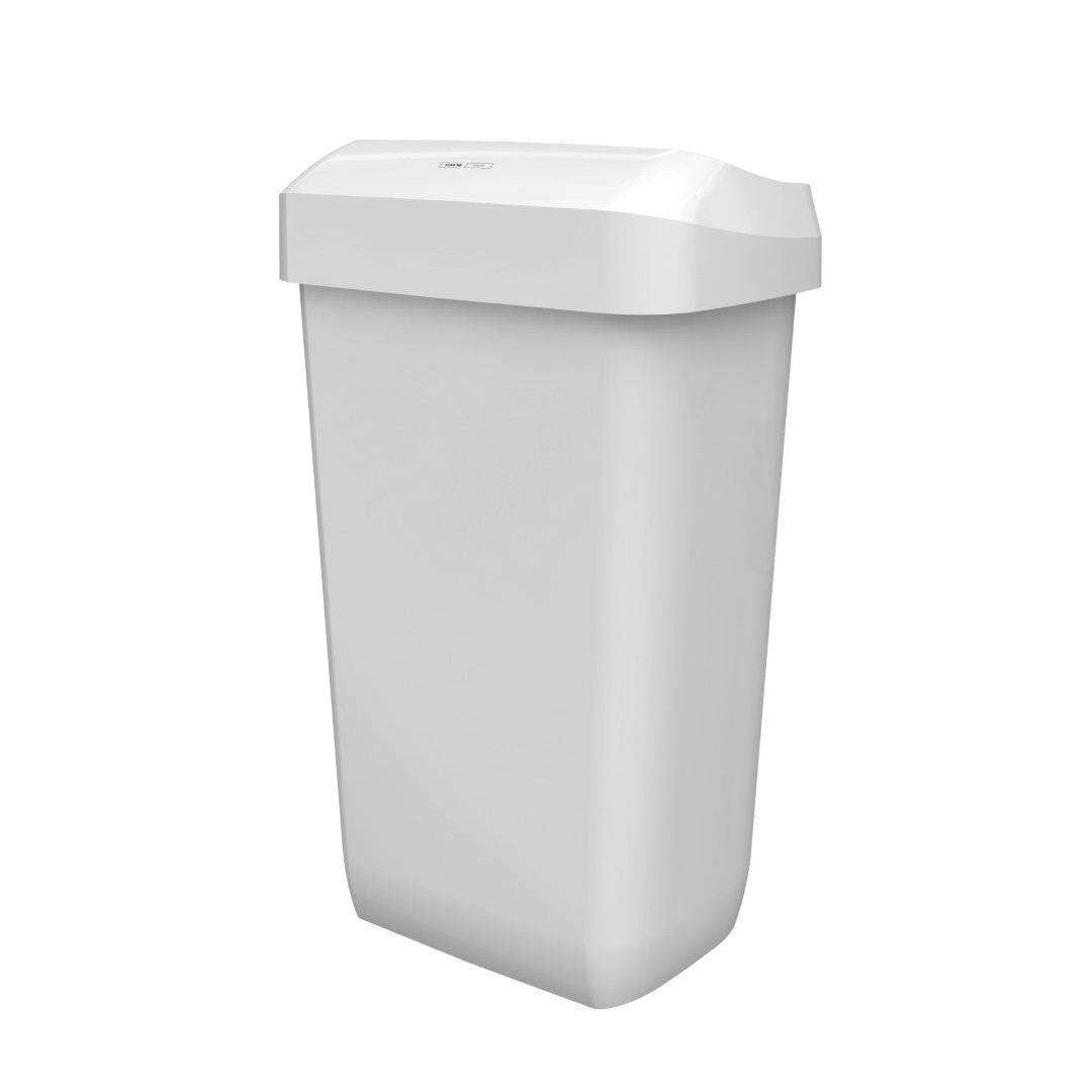 CWS ParadiseLine affaldsbeholder Paper Bin (Hvid, 23 l) er kendetegnet ved et moderne, minimalistisk design med glatte kanter og et lukket låg. Afbildet er den hvide, rektangulære plastbeholder fra CWS foran en enkel hvid baggrund.
