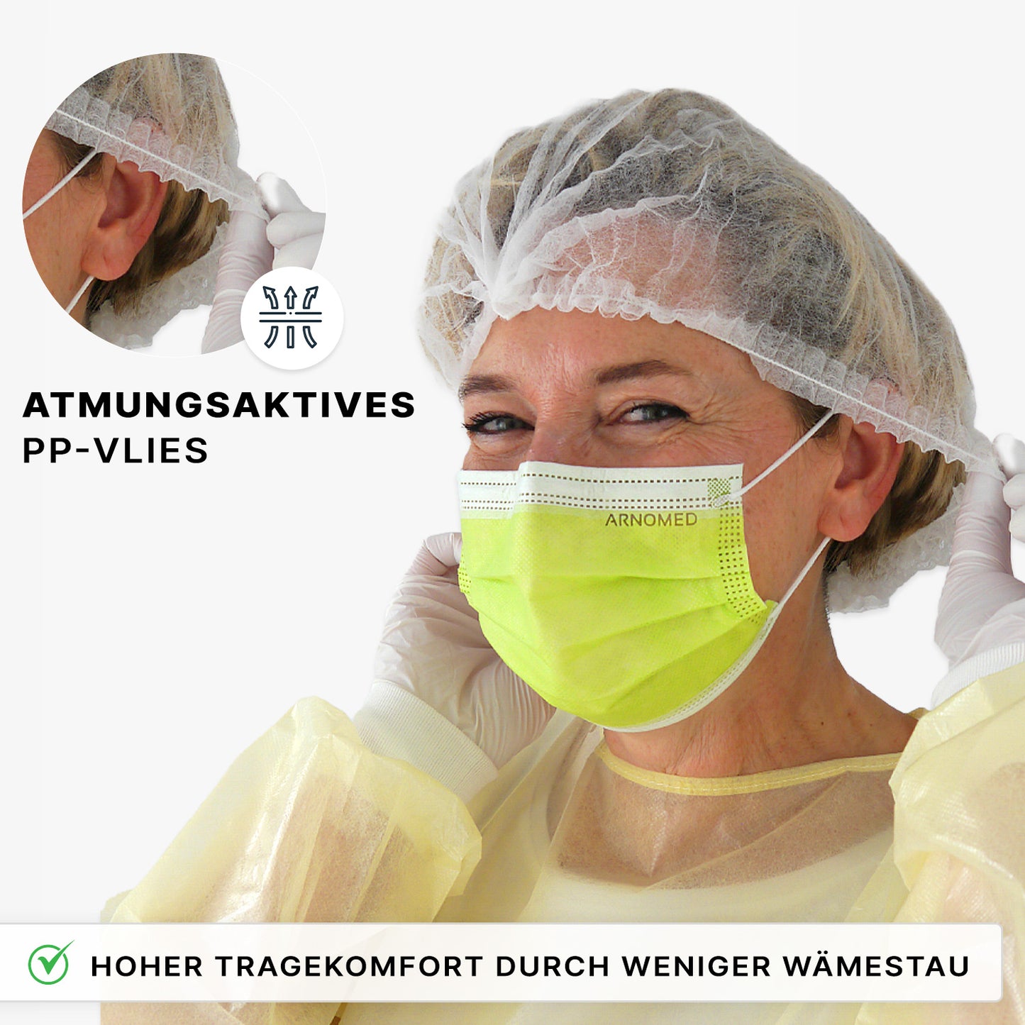 Eine Person, die die ARNOMED COVER PP-KLIPPHAUBE der ARNOWA GmbH, eine gelbe Maske und Handschuhe trägt, passt ihr Haarnetz an. Ein Einsatz hebt das atmungsaktive PP-Vlies-Material hervor. Der deutsche Text wirbt für Komfort und optimalen Hygieneschutz.