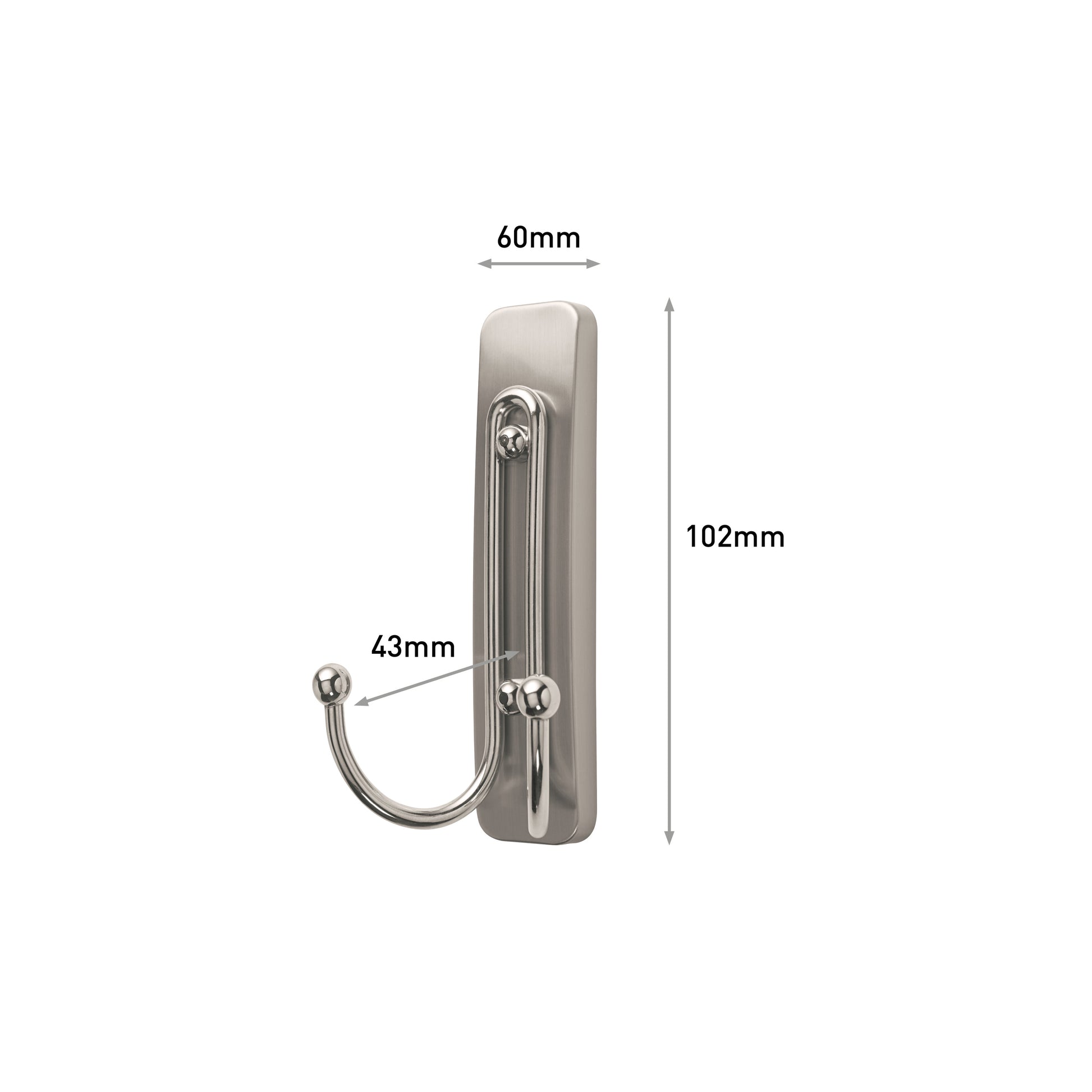 Vor weißem Hintergrund ist der große Command™ Doppelhaken in gebürstetem Nickel (3M Deutschland GmbH, 17036) abgebildet. Maße: 60 mm breit, 102 mm hoch, ragt 43 mm nach vorne. Im Set: 1 Haken, 1 Strip.