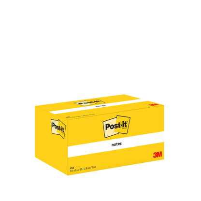Eine gelbe Schachtel Post-it® Notes (38 x 51 mm, 100 Blatt/Block, 12 Blöcke/Packung) von 3M Deutschland GmbH, beschriftet mit dem Post-it- und dem roten 3M-Logo "notes". Ideal für den Bürobedarf in PEFC-zertifizierter Kartonverpackung.