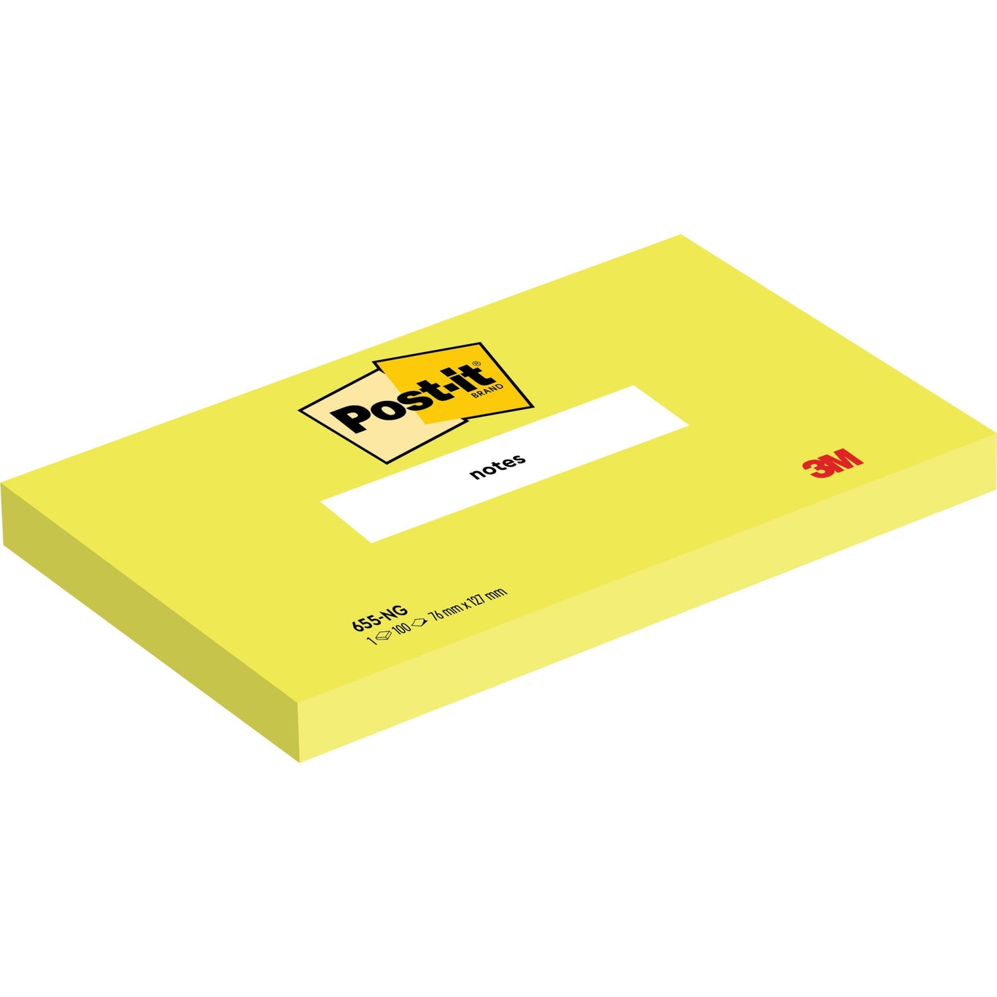 Afbildet er en rektangulær gul Post-it® notatblok (76 mm x 127 mm, 100 ark/blok, 100% PEFC) fra 3M Deutschland GmbH med Post-it-logoet øverst, "notes" i midten og 3M-logoet i nederste højre hjørne.