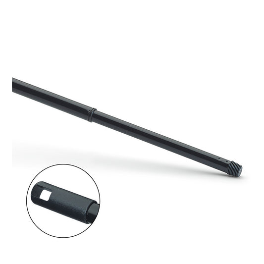 Der Nölle Profi Brush Teleskopstiel Metall, Epoxy, 130 cm, Gewinde von Nölle Profi Brush Bürsten- & Pinseltechnik e.K. ist schräg auf weißem Hintergrund abgebildet, mit einer Nahaufnahme des Gewindeendes und der rechteckigen Einkerbung.