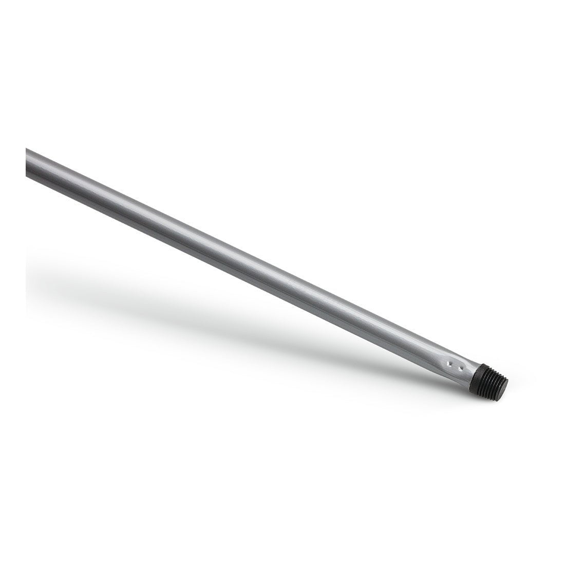 Den Nölle Profi Brush Metalstang 140 cm i sølv fra Nölle Profi Brush Børste- & Penselteknik e.K. er diagonalt afbildet på hvid baggrund, med en sort plastikgevind og to ophængshuller til nem ophængning.