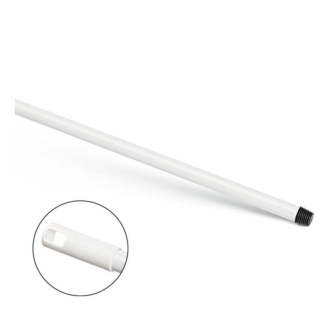 På billedet ses en Nölle Profi Brush med metalhåndtag på 140 cm, ekstra kraftig med gevind (Nölle Profi Brush Bürsten- & Pinseltechnik e.K.), foran en hvid baggrund. En indsats fremhæver det ovale hul i enden af håndtaget på den side, der er modsat gevindet.