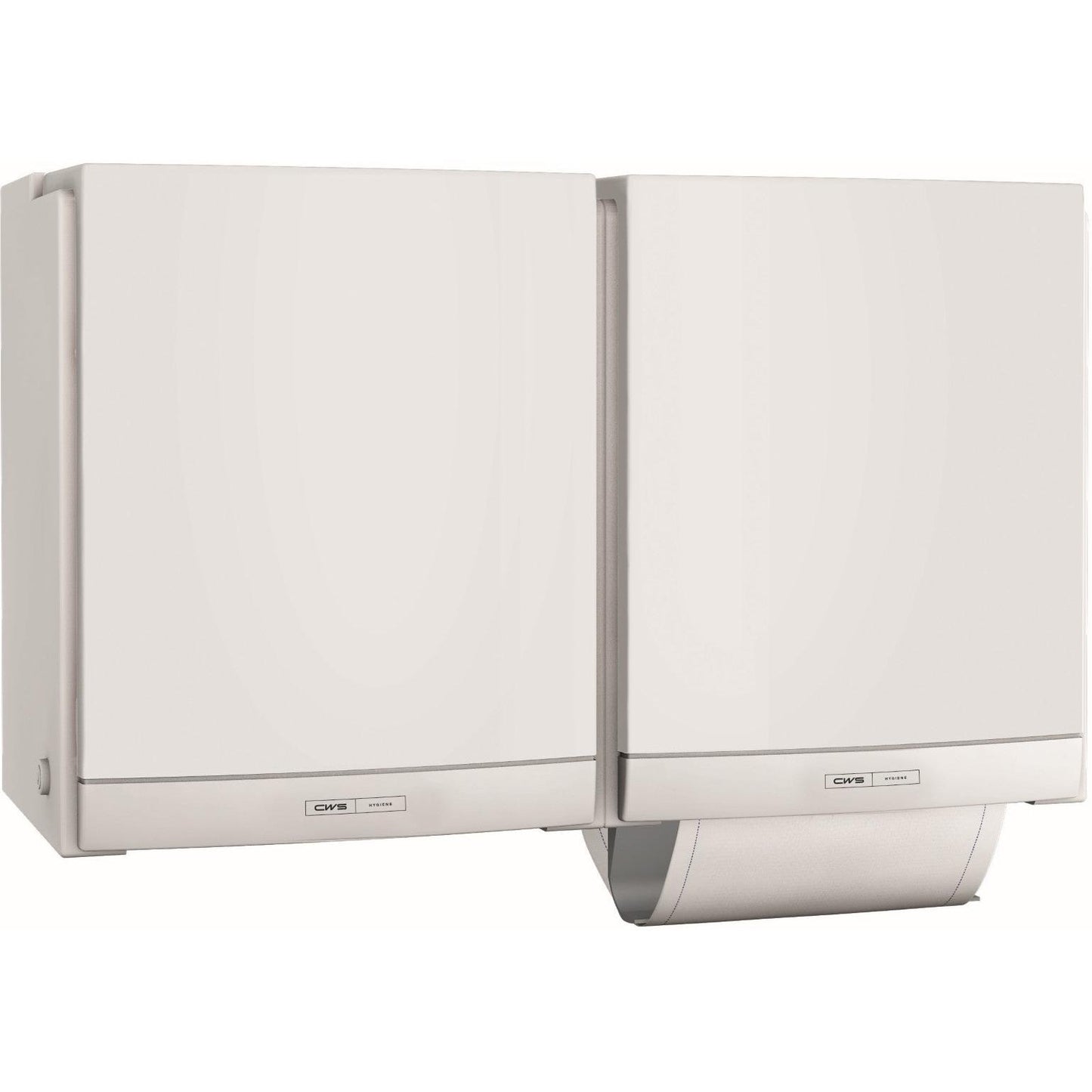 Zwei weiße CWS ParadiseLine Stoffhandtuchspender DUO, nebeneinander an der Wand montiert und mit Etiketten versehen, bieten eine umweltfreundliche Option für eine hygienische Lösung im Waschraum.