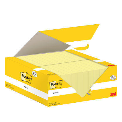Eine geöffnete gelb-weiße Schachtel von Post-it® Notes (3M Deutschland GmbH) zeigt mehrere gelbe Notizzettel im Inneren. Der Karton enthält 18 Blöcke + 6 Gratis (38x51mm, 100 Blatt/Block), PEFC zertifiziert, mit Logo und Produktangaben.