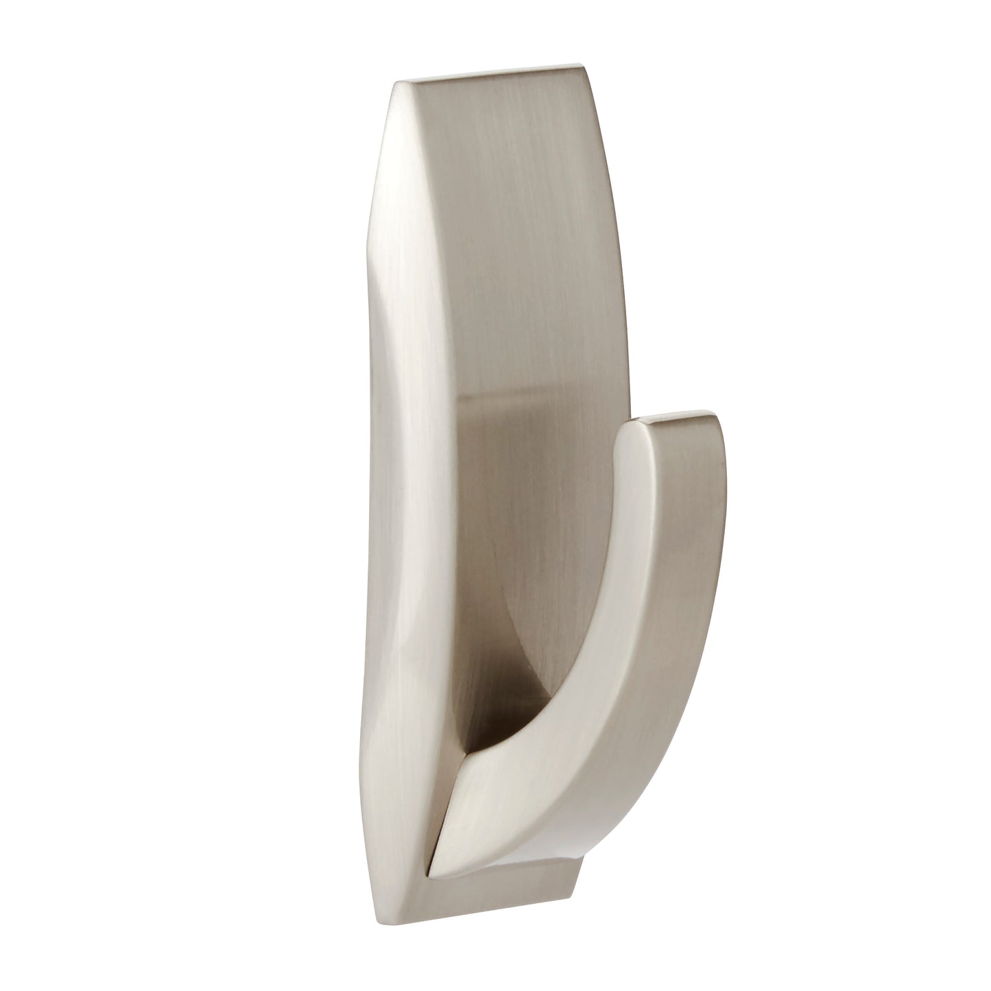 Der Command™ Metallhaken "Modern Reflection" von 3M Deutschland GmbH ist ein einzelner Wandhaken aus gebürstetem Nickel mit einem modernen, kantigen Design, der vertikal montiert wird und eine glatte, matte Oberfläche aufweist.