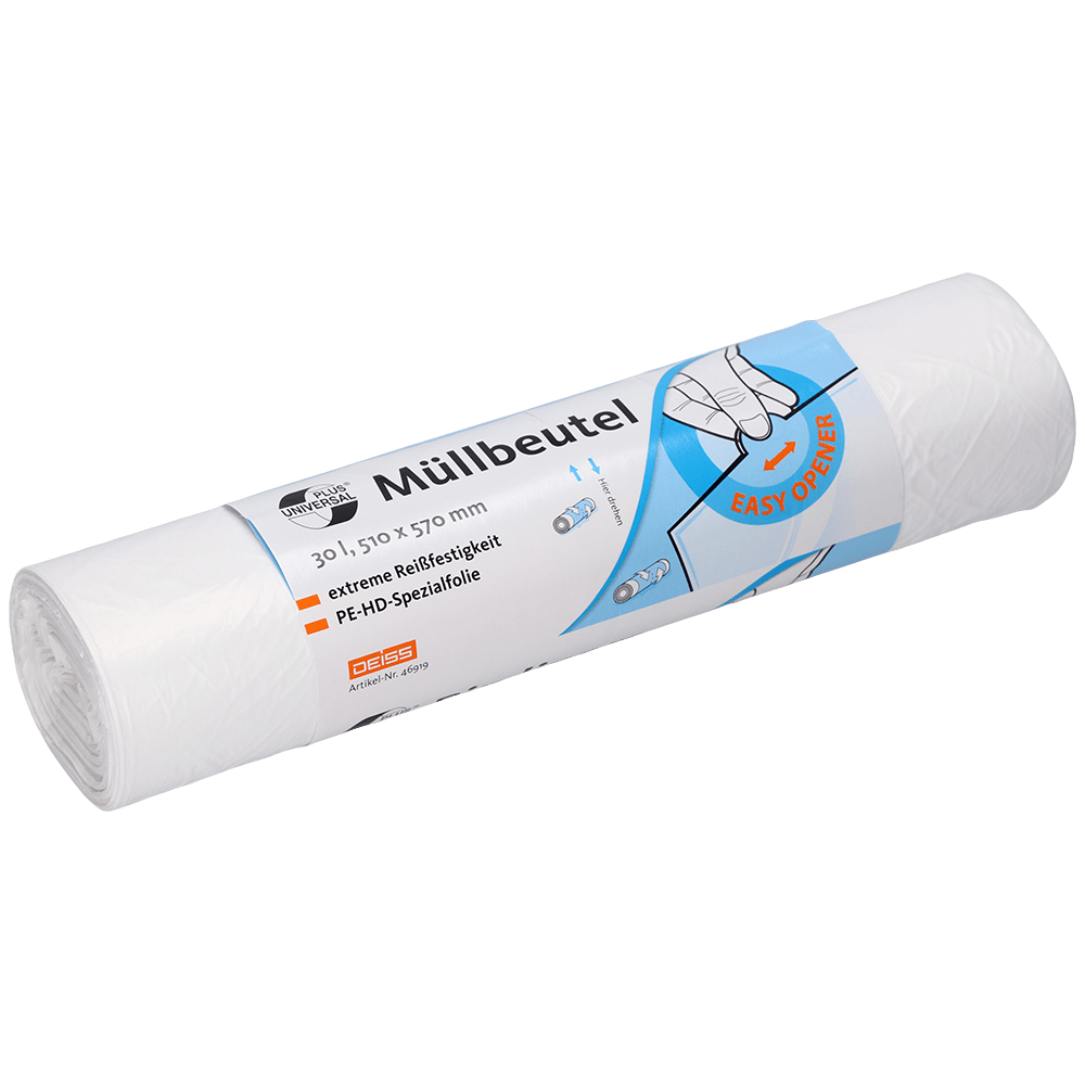 En rulle DEISS 46919 hvide affaldsposer fra EMIL DEISS KG (GmbH + Co.), mærket med "Affaldsposer", 30L, 510 x 570 mm, hygiejnisk som engangshåndklæder, med enkel åbningsvejledning på emballagen. Indeholder 100 poser pr. rulle.