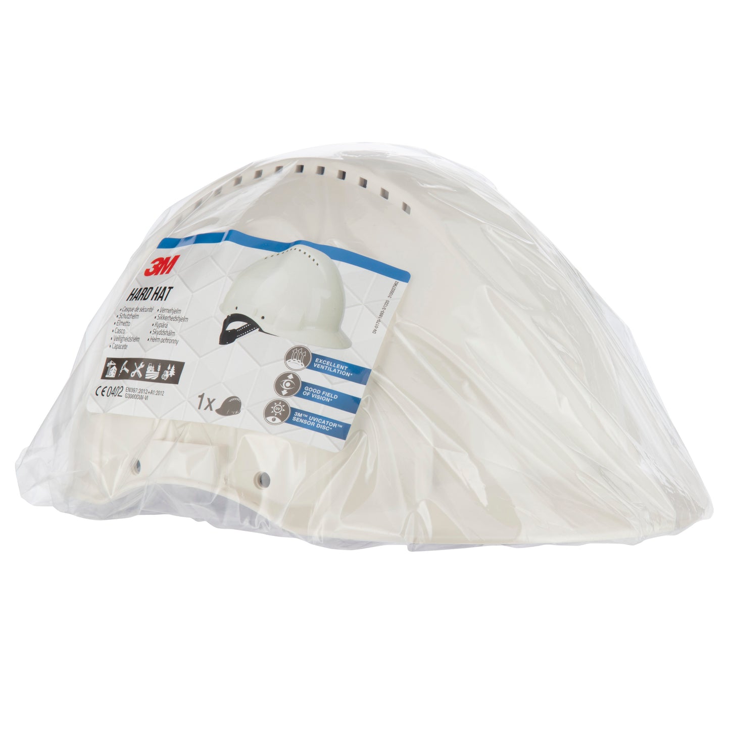 Ein weißer 3M™ Schutzhelm G3000C Uvicator der 3M Deutschland GmbH ist in durchsichtigem Kunststoff versiegelt und mit einem Etikett mit Produktinformationen und Bildern versehen. Der Hintergrund ist einfarbig weiß.