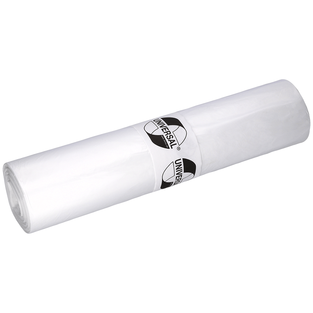 En rulle gennemsigtige DEISS 49002 affaldsposer (700x1100x0,018 mm, 50 stykker) fra EMIL DEISS KG (GmbH + Co.), ideel til affaldshåndtering, på hvid baggrund.