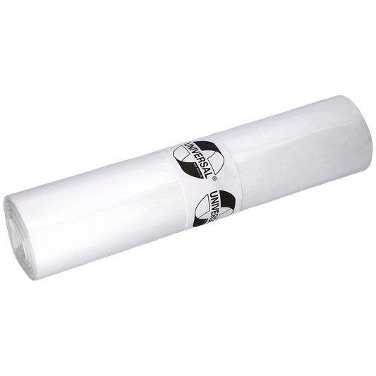 Eine Rolle transparenter DEISS 49002 Müllsäcke (700x1100x0,018 mm, 50 Stück) von EMIL DEISS KG (GmbH + Co.), ideal für die Abfallentsorgung, auf weißem Hintergrund.