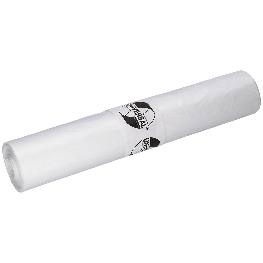 En rulle EMIL DEISS KG (GmbH + Co.) DEISS 49009 affaldsposer, 690x790x0,02 mm gennemsigtige (50 stykker), med en "UNIVERSAL"-etiket, er pænt pakket og placeret på en enkel lys baggrund.