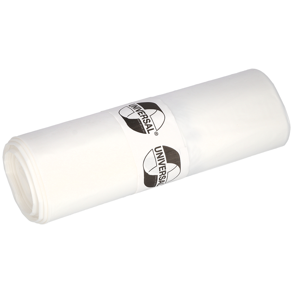 Eine Rolle EMIL DEISS KG (GmbH + Co.) DEISS Abfallsäcke 575x1000x0,018 mm aus HDPE 50 l, verpackt mit einer beschrifteten Papierbanderole. Diese stabilen weißen Müllsäcke sind ideal für den täglichen Gebrauch. Abgebildet auf einem unifarbenen, hellen Hintergrund.
