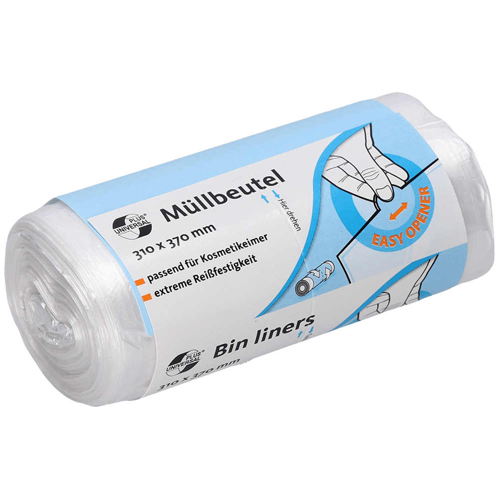 En rulle EMIL DEISS KG (GmbH + Co.) DEISS 49909 pose, 310x370 mm transparent (50 stykker), med blå-hvidt, tosproget etiket med oplysninger om størrelse, rivstyrke og åbnehjælp med håndtegnede illustrationer.