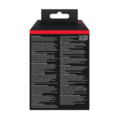 Billedet viser bagsiden af en 3M™ Øreprop 1100 (blød skum, SNR 35 dB, orange) fra 3M Deutschland GmbH med sort baggrund, hvid flersproget tekst, en hænger øverst og små advarselssymboler øverst til højre.