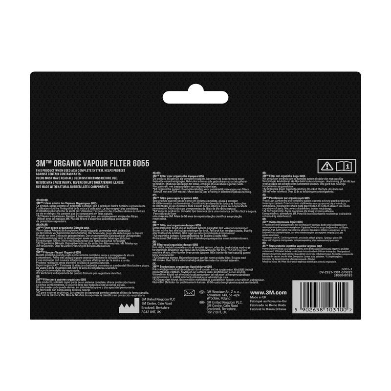 Bagside af 3M™ Filtersæt 6004-1SP (ABEK1P3 kombinationsfilter) pakke fra 3M Deutschland GmbH med detaljer, brugs- og sikkerhedsinformationer på flere sprog - egnet til åndedrætsværnsanvendelser. Indeholder 2x6059, 2x5935, 2x501.
