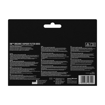 Bagside af 3M™ Filtersæt 6004-1SP (ABEK1P3 kombinationsfilter) pakke fra 3M Deutschland GmbH med detaljer, brugs- og sikkerhedsinformationer på flere sprog - egnet til åndedrætsværnsanvendelser. Indeholder 2x6059, 2x5935, 2x501.