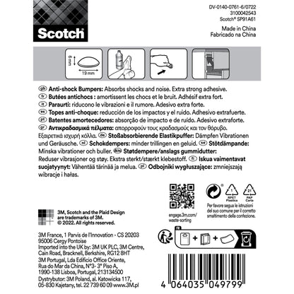 Die Verpackung für Scotch® Stoßabsorbierende Elastikpuffer von 3M Deutschland GmbH enthält Gebrauchsanweisungen und mehrsprachige Texte zu den extra starken, selbstklebenden, transparenten Puffern, die Stöße absorbieren und Geräusche reduzieren. Inklusive Sicherheits- und Barcodeinformationen.