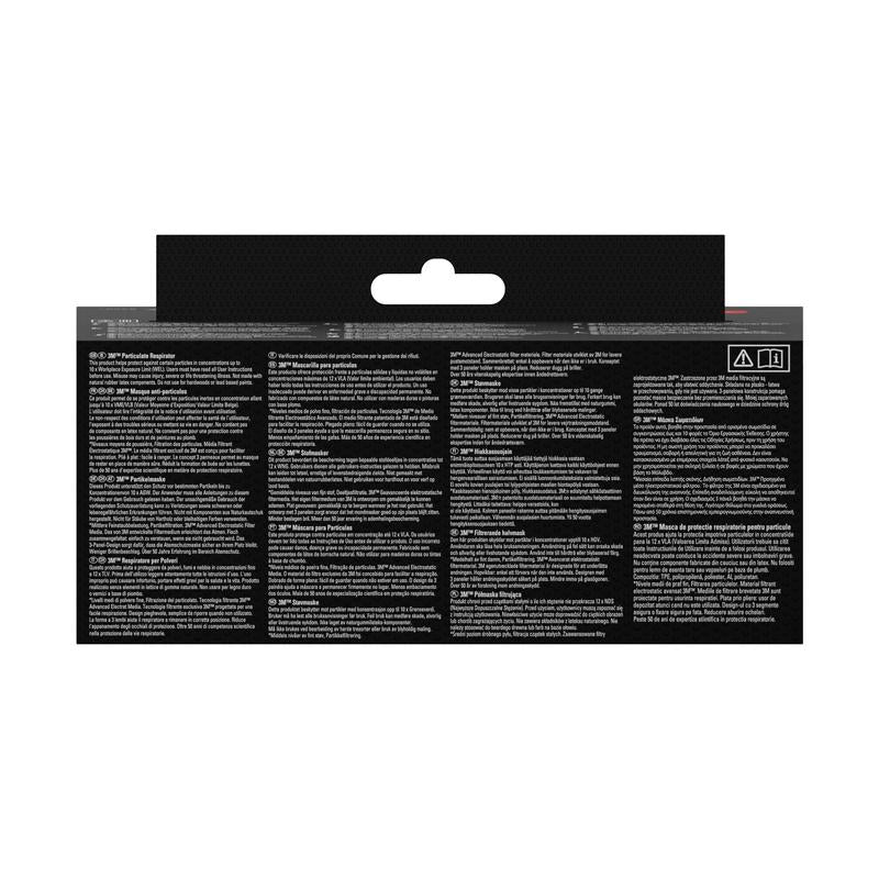 Bagsiden af en rektangulær 3M™ Aura™ Komfort-partikelmaske 9320+, FFP2, uden ventil (pakke med 1 styk) fra 3M Deutschland GmbH, overvejende sort med flere sektioner med lille flersproget tekst og symboler samt en udskåret ophængsløkke øverst i midten.