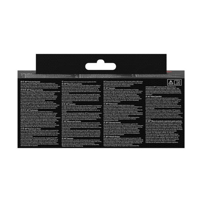 Bagsiden af en rektangulær 3M™ Aura™ Komfort-partikelmaske 9320+, FFP2, uden ventil (pakke med 1 styk) fra 3M Deutschland GmbH, overvejende sort med flere sektioner med lille flersproget tekst og symboler samt en udskåret ophængsløkke øverst i midten.