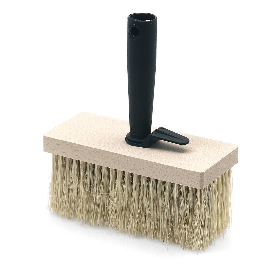 Nölle Profi Brush loftbørsten fra Bürsten- & Pinseltechnik e.K. har en 17x7 cm stor, rektangulær, flad træbund, varmebestandige naturfiberbørster og et vinklet sort plasthåndtag.