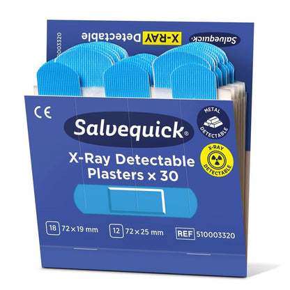 En kasse Orkla Wound Care AB Salvequick røntgendetekterbar, 30 stykker/genopfyldningsplaster (pakning à 6), med metal- og røntgendetekterbare plaster i to størrelser.