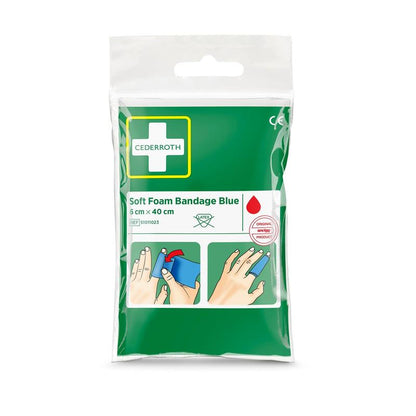 Eine grün-weiße Packung Orkla Wound Care AB Cederroth weichschaumbinde blau 6x40cm (1 Stück) zeigt eine bebilderte Anleitung zum Wickeln der blauen Binde um einen Finger.