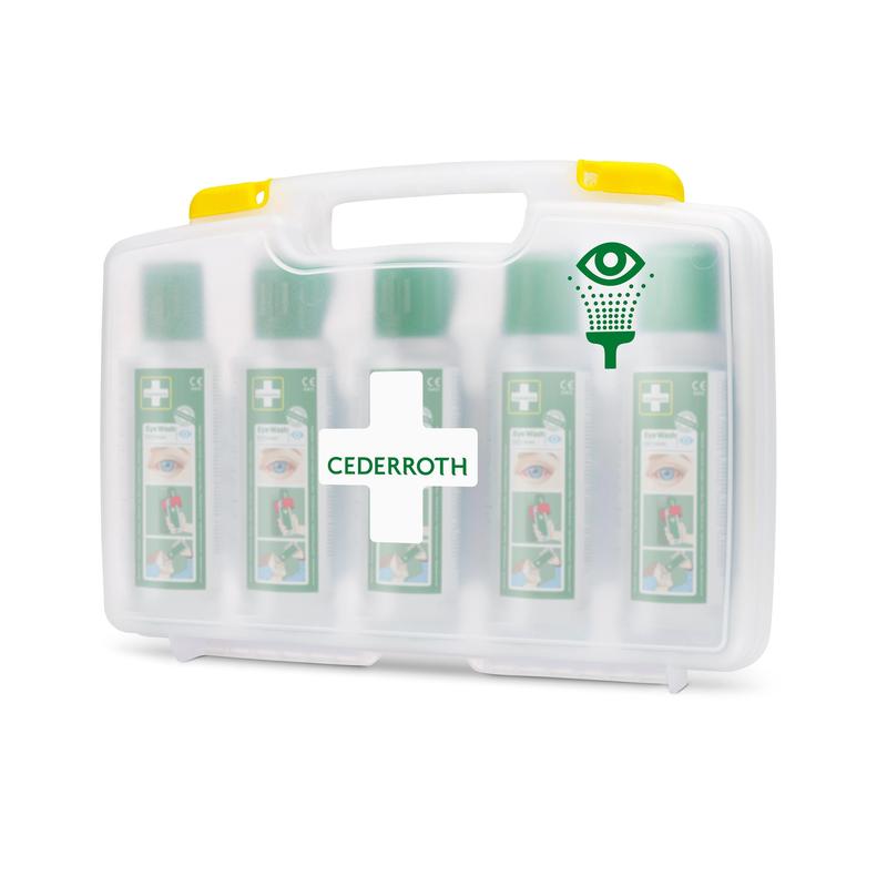 Orkla Wound Care AB Cederroth-øjeskylningen (5x500ml) i den bærbare etui, REF 7255, består af en hvid plastkuffert med håndtag, gennemsigtig front, grønt kors og øjenskylsymbol, hvori der er fem flasker.