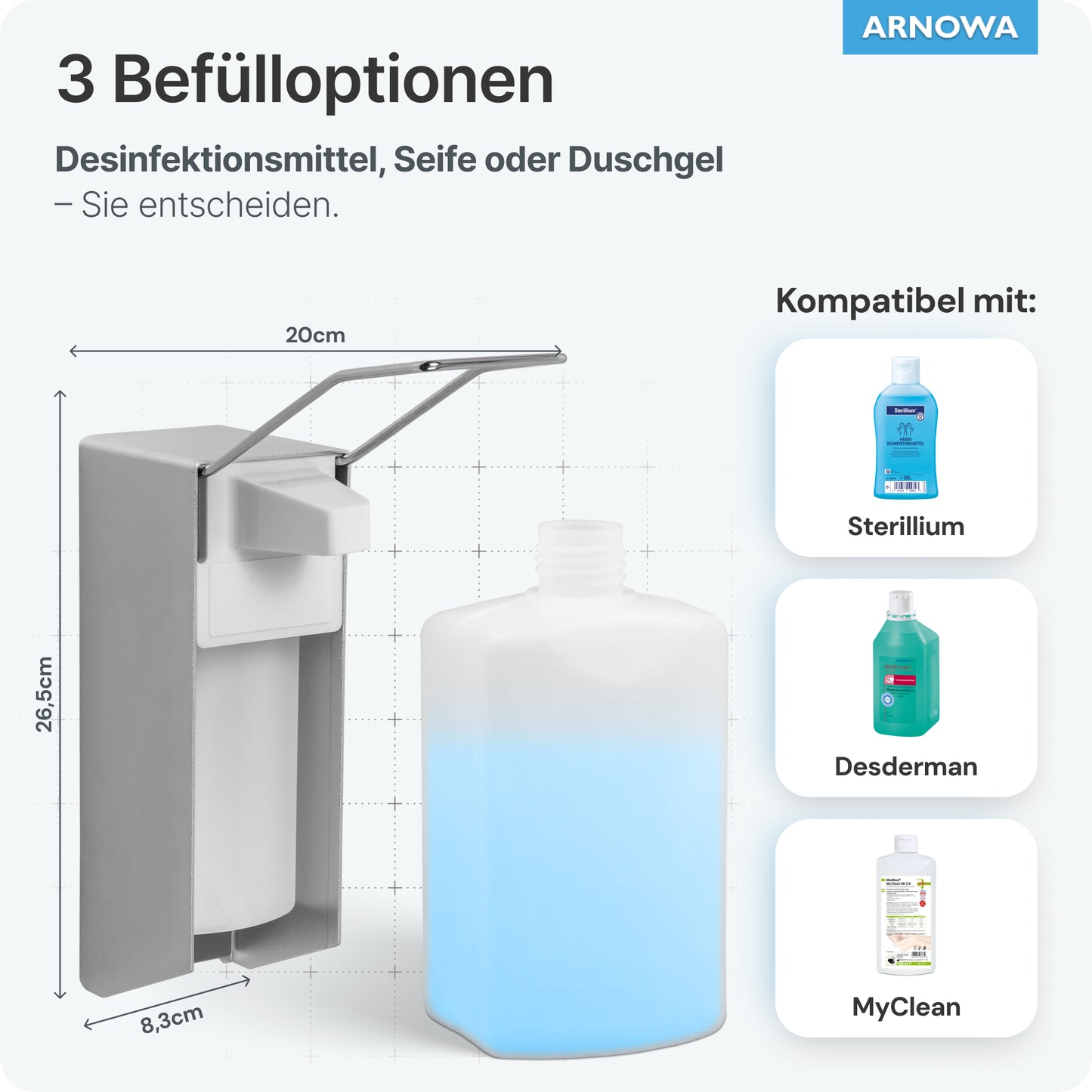 Der ARNOMED DISPENSER von ARNOWA GmbH ist ein manueller Seifen- und Desinfektionsmittelspender aus Aluminium mit zwei Hebeln und transparenter Nachfüllflasche. Rechts sind kompatible Produkte wie Sterillium, Desderman und MyClean zu sehen.