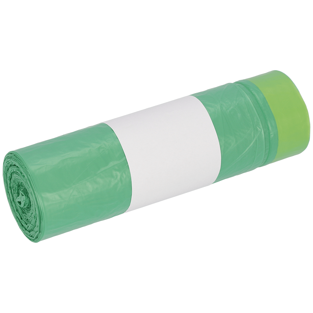 Afbildet er en rulle DEISS 52801 grønne affaldsposer (20 stykker) fra EMIL DEISS KG (GmbH + Co.) med en hvid blanko-etiket i midten på hvid baggrund.