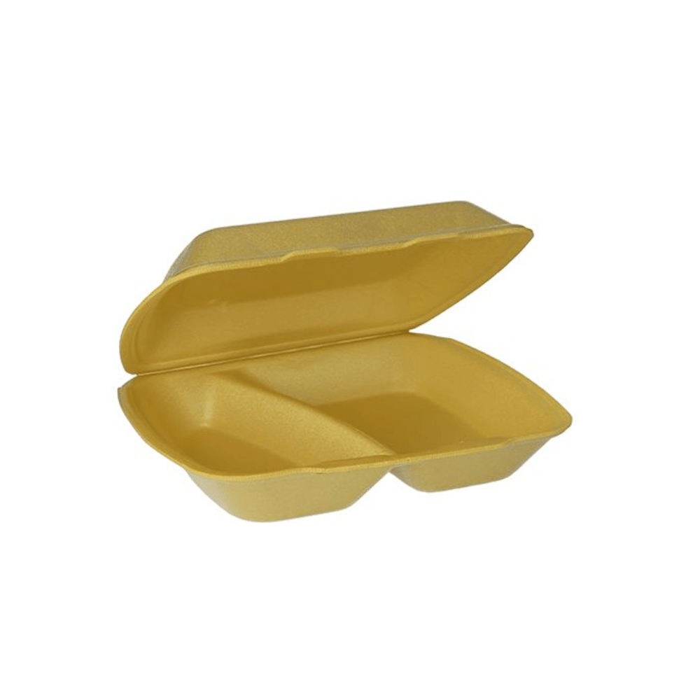 Starpak menubokse XPS 2-delt har et gult polystyren-clamshell-design med et klaplåg, der afslører to rum. Disse menubokse er ideelle til take-away salg og tilbyder komfort og pålidelighed til måltider ud af huset.