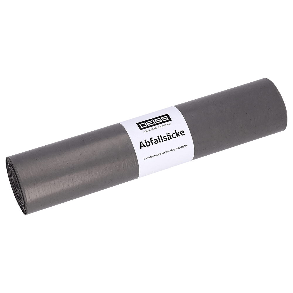 En rullepakke fra EMIL DEISS KG (GmbH + Co.) DEISS 54014 affaldsposer, 700x1100 mm type 20 grå, rulle (50 stykker), med hvidt "DEISS"- og "affaldsposer"-etiket, ligger på en enkel hvid baggrund.