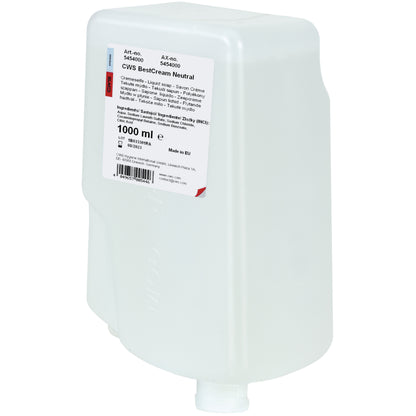 En hvid 1000 ml plastbeholder fra CWS sæbecreme BestCream Neutral til følsom hud, mærket med ingredienser og detaljer. Flasken har to tud på bunden og er afbildet mod en enkel hvid baggrund.