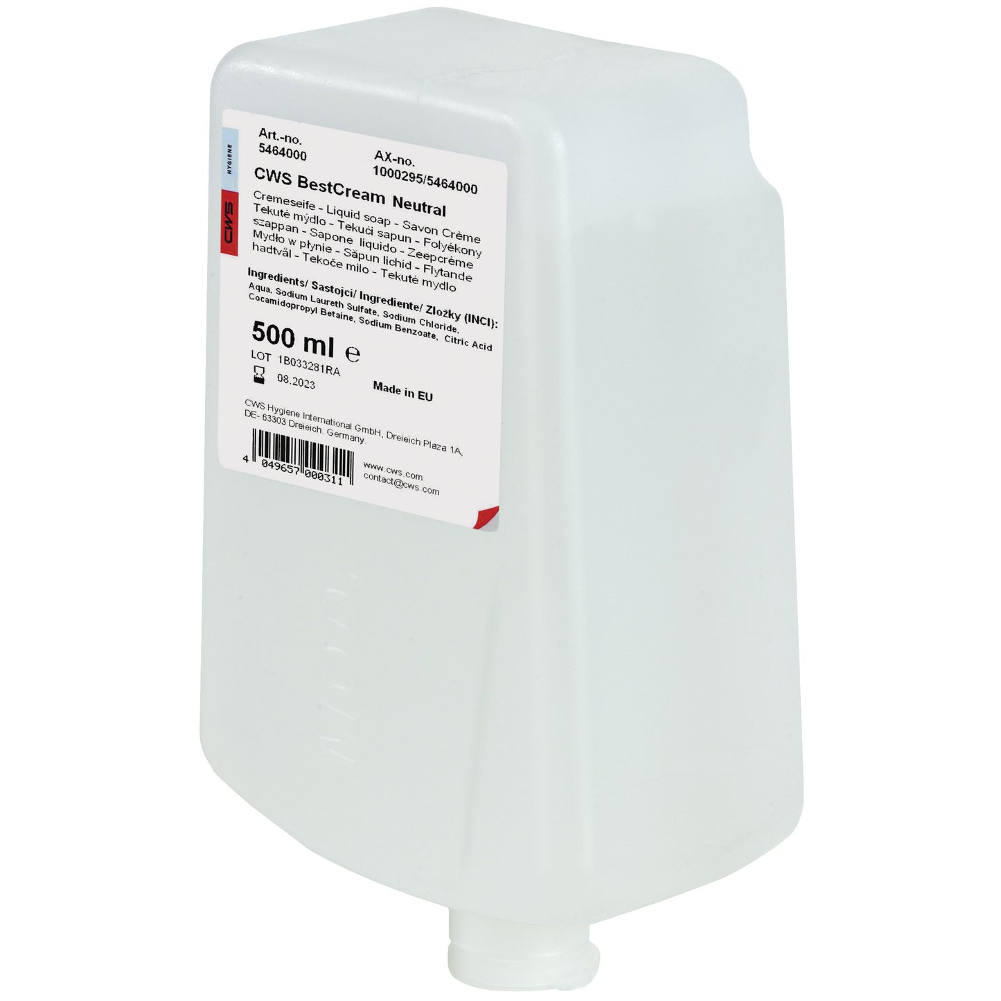 En hvid 500 ml plastdispenser fra CWS, mærket med produktinformationer for CWS sæbecreme BestCream Neutral. Designet til følsom hud, har flasken en bunddyse.