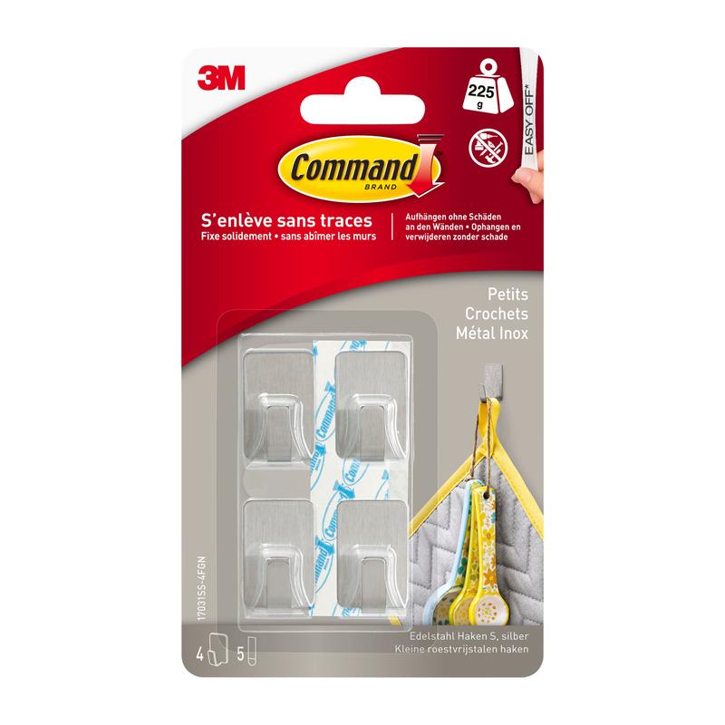 Command™ rustfrit stålkrog størrelse S, 17031SS-4ES fra 3M Deutschland GmbH indeholder 4 selvklæbende kroge og 5 strips, tilbyder skadesfri vægorganisation, nem fjernelse og viser fransk tekst samt anvendelsesbilleder på emballagen.