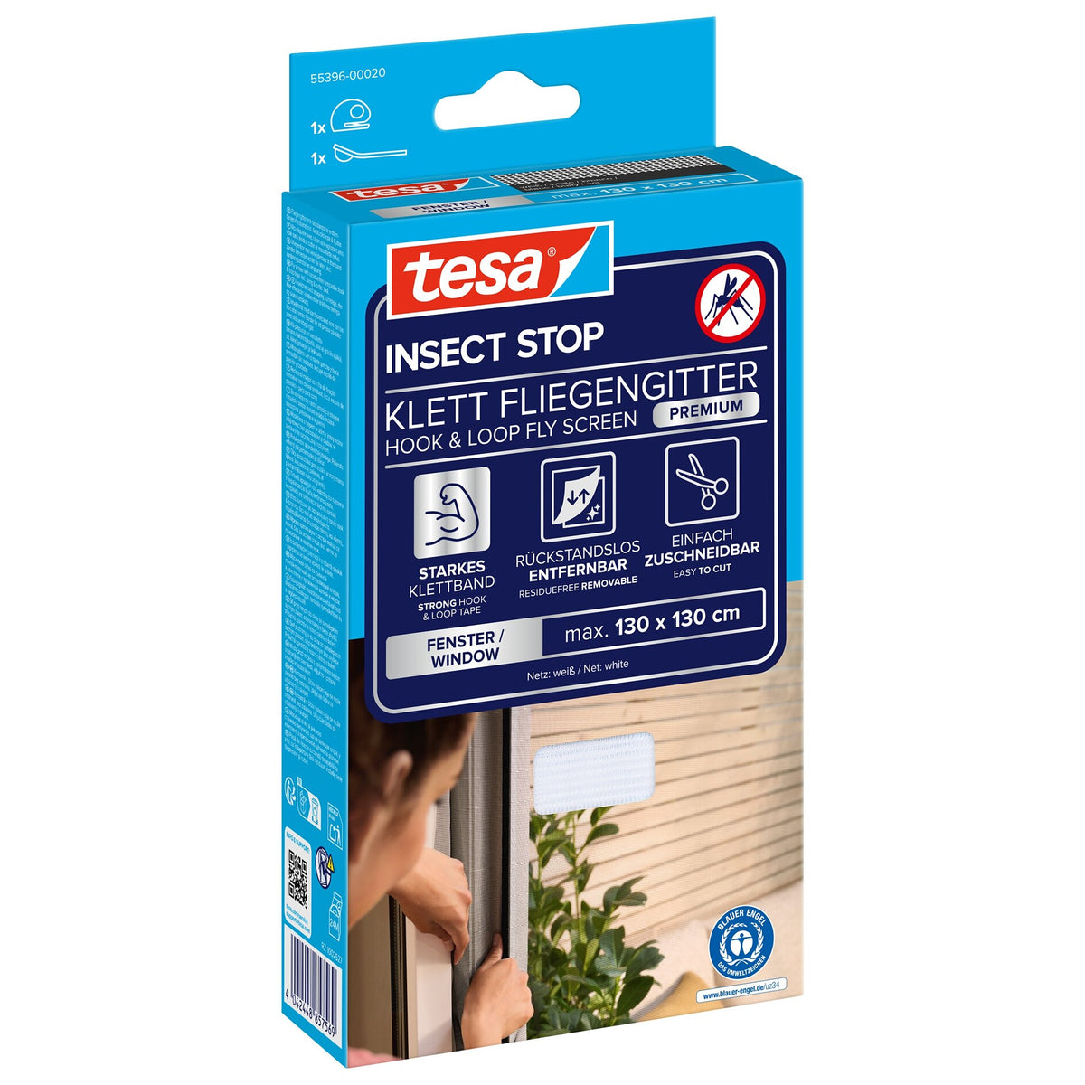 tesa INSECT STOP Klett Fliegengitter Premium für Fenster, weiß 130 x 130 cm