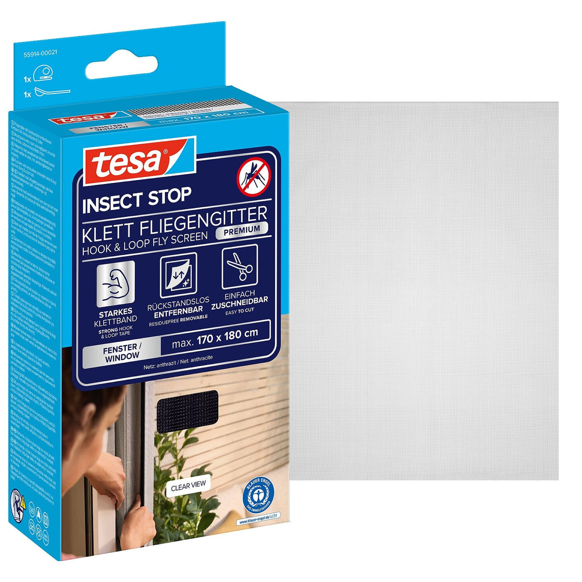 tesa INSECT STOP velcrobaseret insektnet Premium til vinduer, antracit 170 x 180 cm