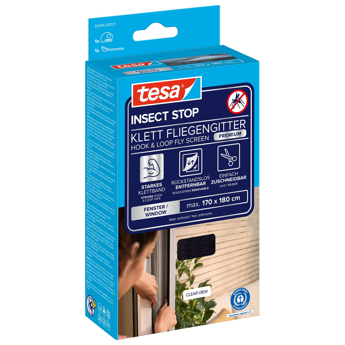 tesa INSECT STOP velcrobaseret insektnet Premium til vinduer, antracit 170 x 180 cm
