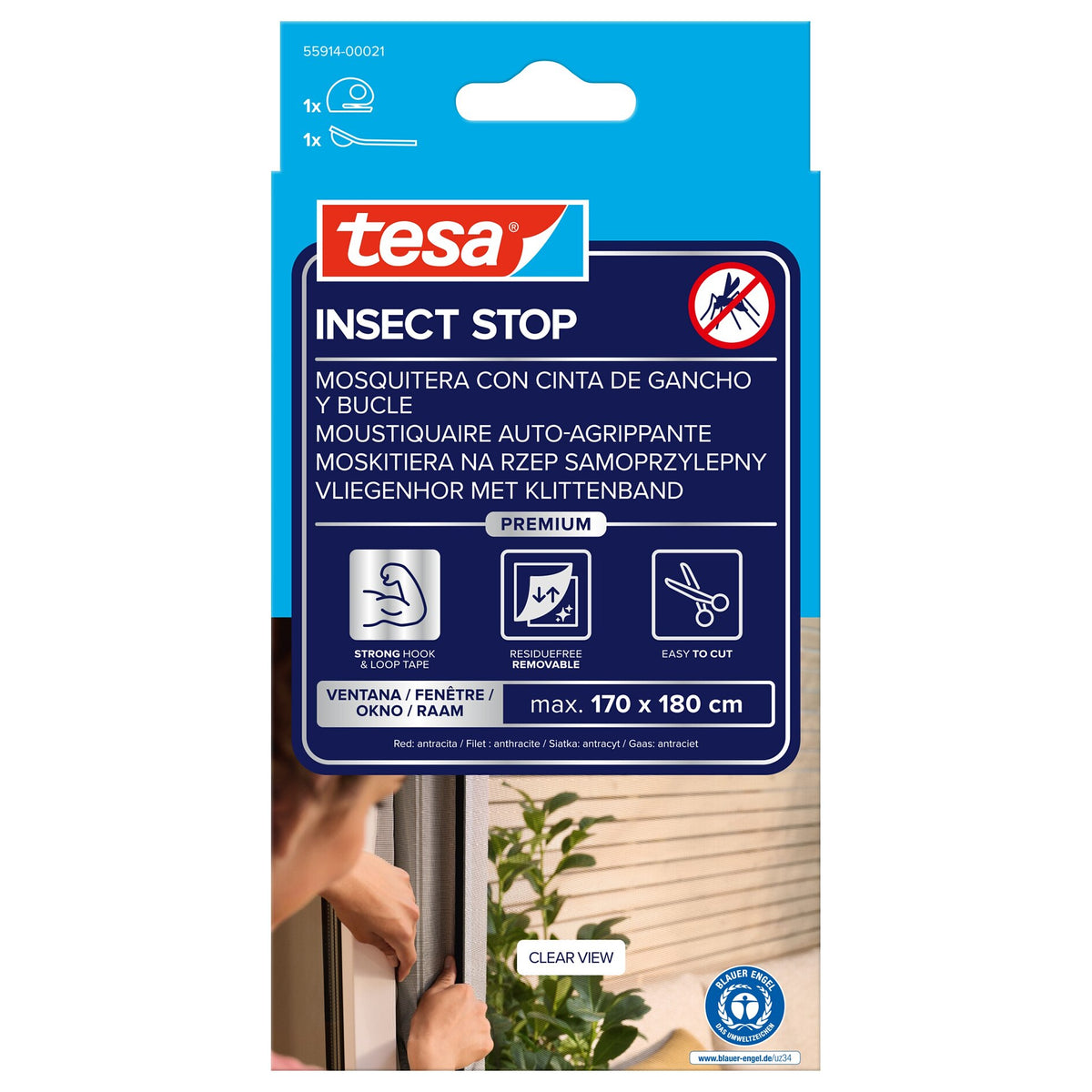 tesa INSECT STOP velcrobaseret insektnet Premium til vinduer, antracit 170 x 180 cm